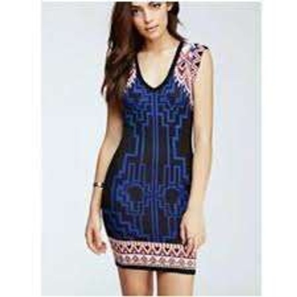 Jealous Tomato Blue Black Orange Geometric Tribal Knit V-Neck Bodycon Dress S